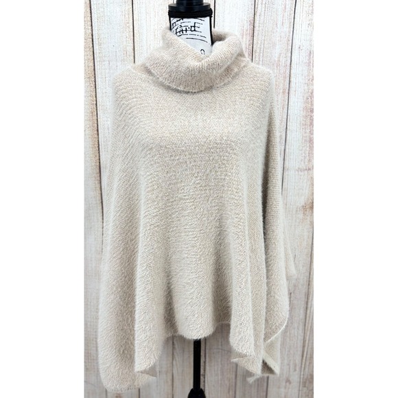 Anthropologie Sleeping on Snow Metallic Poncho Turtleneck Sweater Ivory Gold O/S - Picture 3 of 6